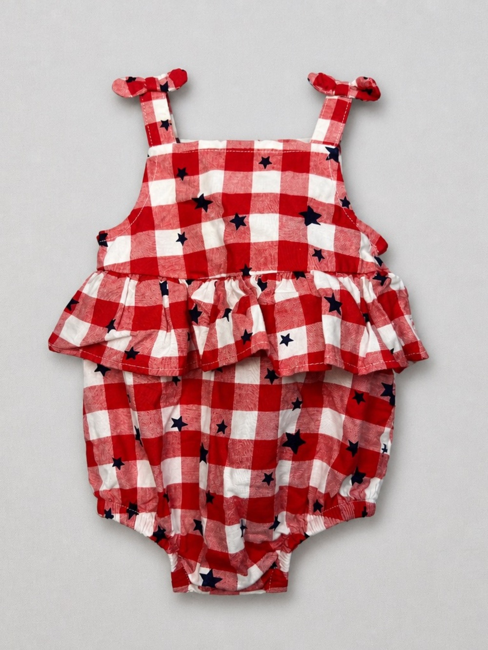 Cat & Jack red and white gingham with navy stars peplum bubble romper size 6-9 m